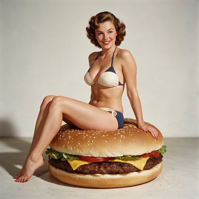 A 1950s pin-up-style photo of a bikini-clad woman sitting on a giant hamburger. — Seedream 5.0 Pro