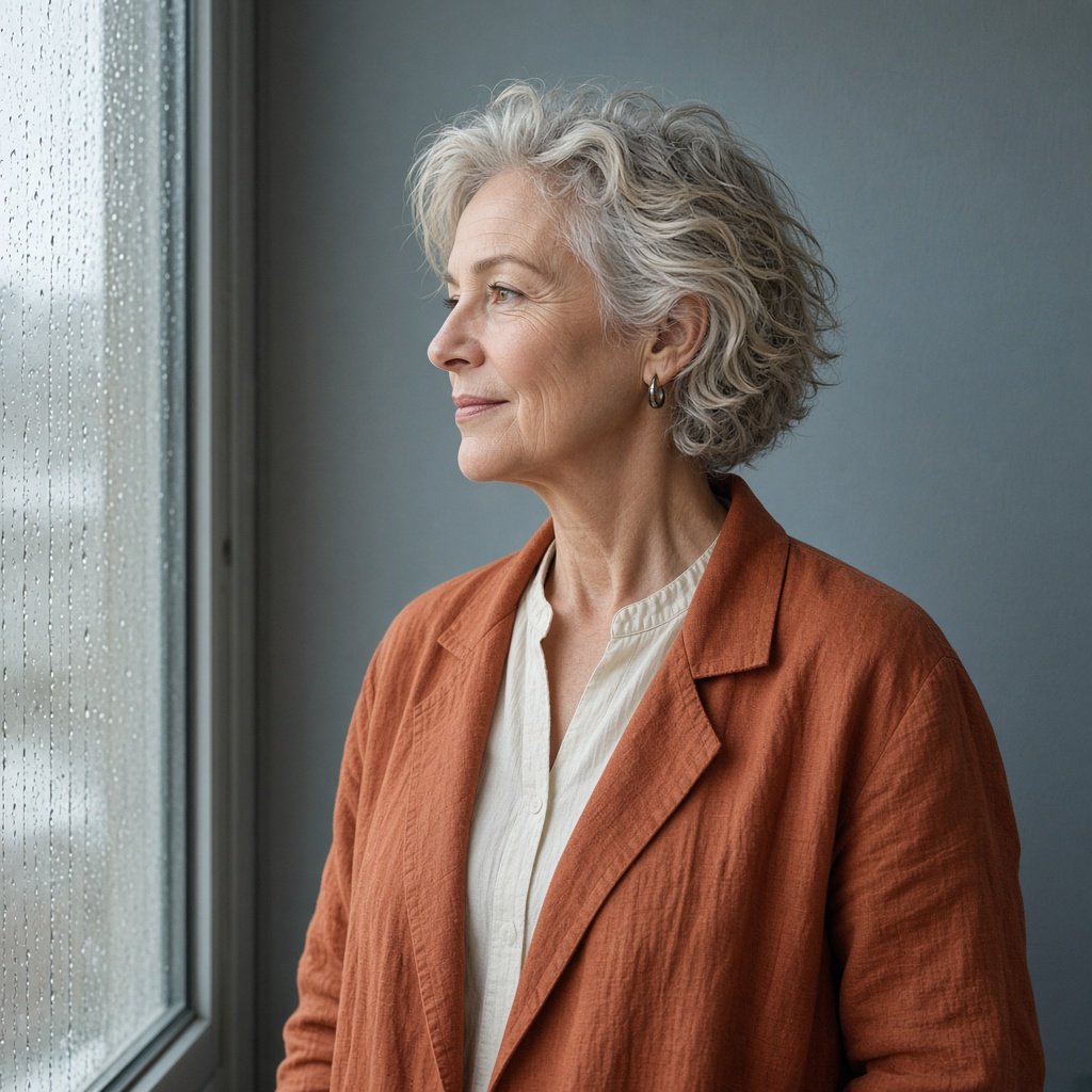 By a rain-streaked studio window, an adult woman in her early 60s turns in profile for a portrait photograph, wearing a copper-colored linen jacket over a cream cotton blouse. Her quietly amused expression rests against a muted blue-gray wall, shaped by cool, soft window light. — Grok Imagine Image 2