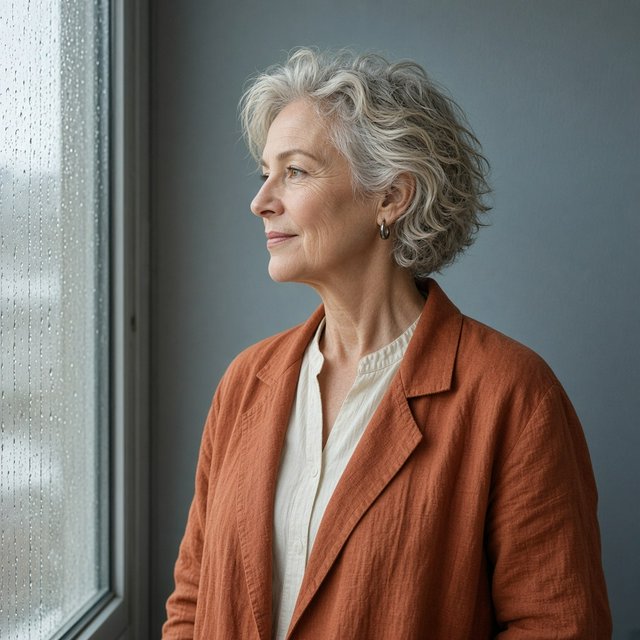 By a rain-streaked studio window, an adult woman in her early 60s turns in profile for a portrait photograph, wearing a copper-colored linen jacket over a cream cotton blouse. Her quietly amused expression rests against a muted blue-gray wall, shaped by cool, soft window light. — Grok Imagine Image 2