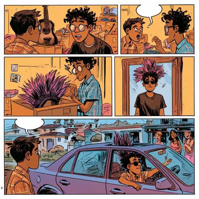 A three-row, six-panel sequence. Panel 1: A short-haired, nerdy man is talking to his friend Babu, another nerd with curly hair and round-frame glasses. They are both 20. Babu's room has a guitar and boxes full of things. Panel 2: Babu is exclaiming to his friend, saying something! Middle row, panel 3: Babu brings a spiky Mohican wig, pink to purple in color, out of one of his boxes. But it is oddly big. Panel 4: Babu stands in front of a wall mirror wearing the spiky wig—it is oddly very big! He looks concerned. Bottom row, panel 5: Babu's nerdy friend exclaims something to him, as if he has had an idea. Bottom row, panel 6: Babu is in a right-hand-drive sedan with a sunroof. Half of the spiky hair on his wig sticks out through the sunroof. The car is parked in front of a neighborhood hangout. Babu is looking out of the window, with one hand out of it. He wears sunglasses, trying to look cool. Several pretty adult women his age are giggling at him. — Midjourney V8.2