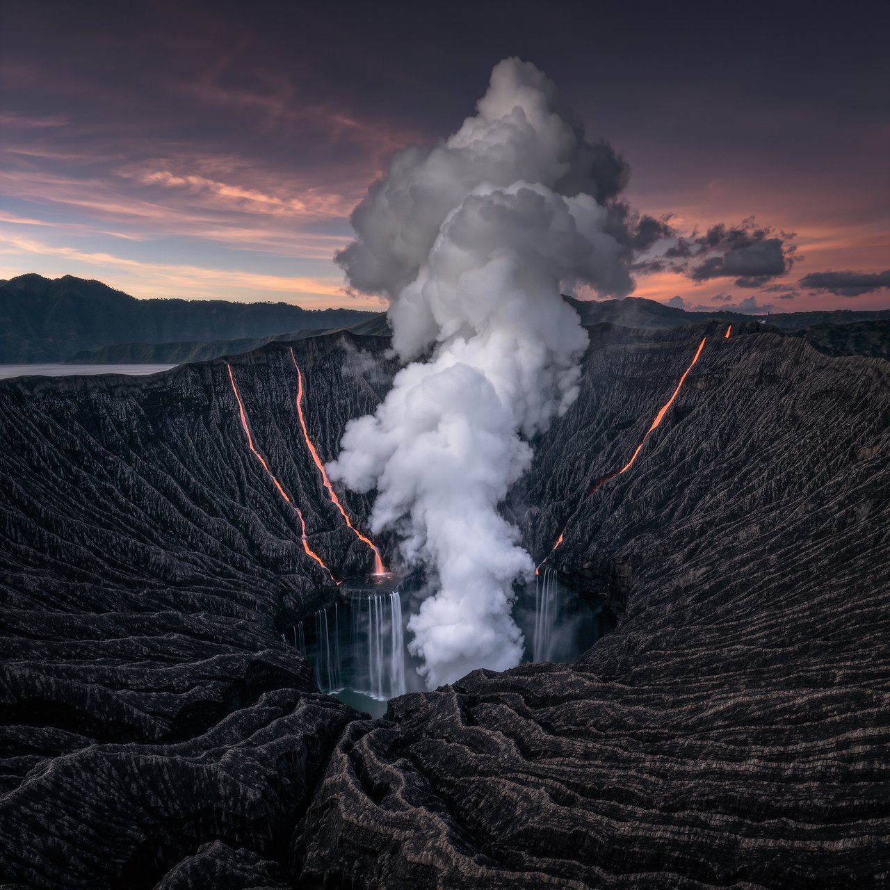 A colossal ring-shaped dam bridges a volcanic caldera, its black stone spillways veined with molten light. Rain veils the terraces as steam rises into a bruised dusk sky. — Kling v3 Omni