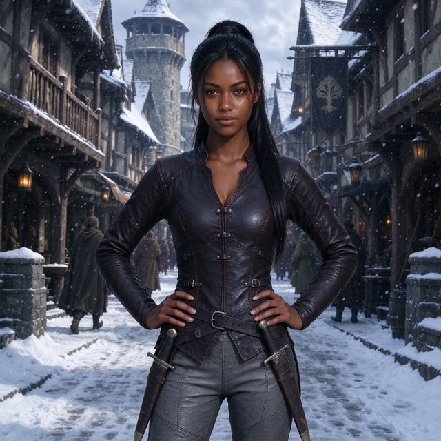 An eighteen-year-old woman. She has long straight black hair tied up, brown eyes, and dark skin. She is wearing a dark leather tunic, grey leather pants, and leather boots. She has a sheathed dagger on her hip, standing with her hands on her hips and looking at the viewer. She is standing in a snowy medieval city. — Model 19
