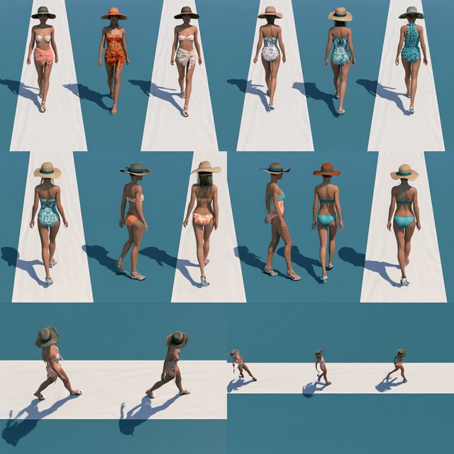 Realistic adult female models on the runway in beachwear. 4–7 models. Full front, back, side, and aerial views. — Model 9