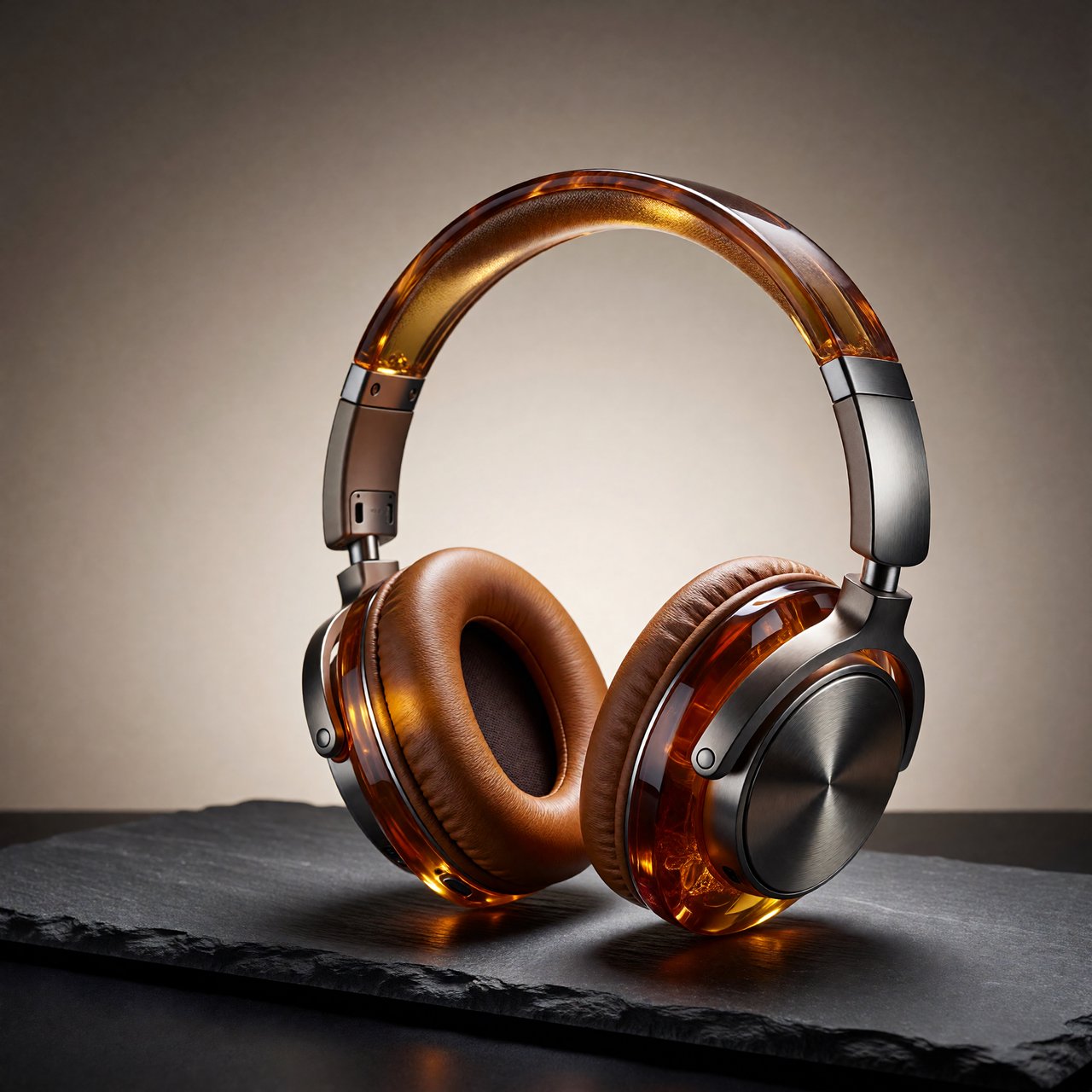 Commercial product photograph of unbranded over-ear headphones crafted from translucent amber resin and brushed titanium, resting on a dark slate surface against a muted cream background, lit by a broad diffused softbox and a delicate rim light. — ImagineArt 1.5 Pro
