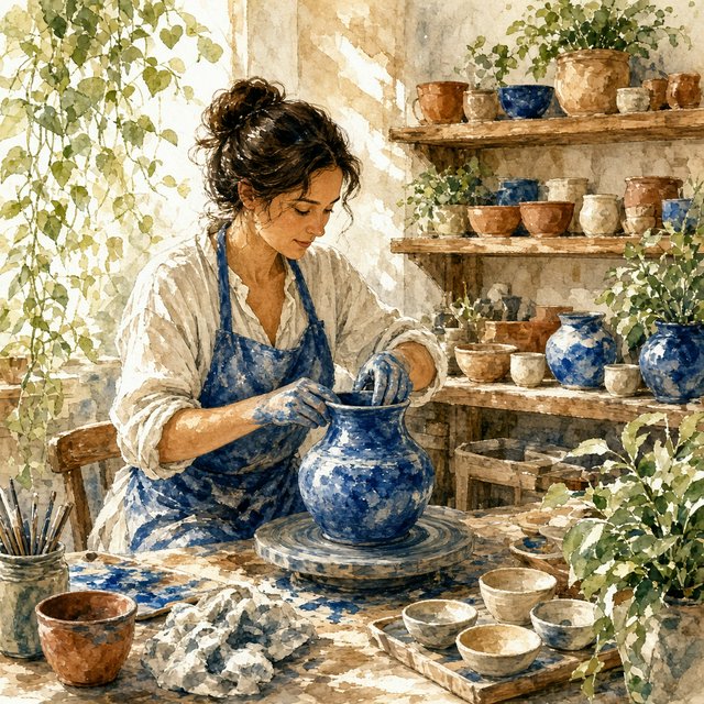 Watercolour illustration of an adult ceramicist shaping a blue-glazed vessel in a sunlit workshop, shelves of unfinished pottery and leafy plants softened by loose brushwork. Palette of terracotta, indigo, warm cream, and sage. — Grok Imagine Image 2