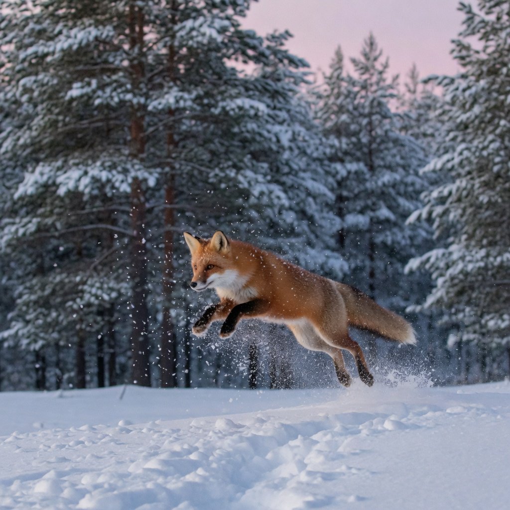 A red fox springs through powdery snow at the edge of a pine forest, ears forward and paws suspended. A real-world wildlife telephoto photograph in pale dawn light, 300mm lens, with snow crystals frozen midair. — Grok Imagine Image Quality