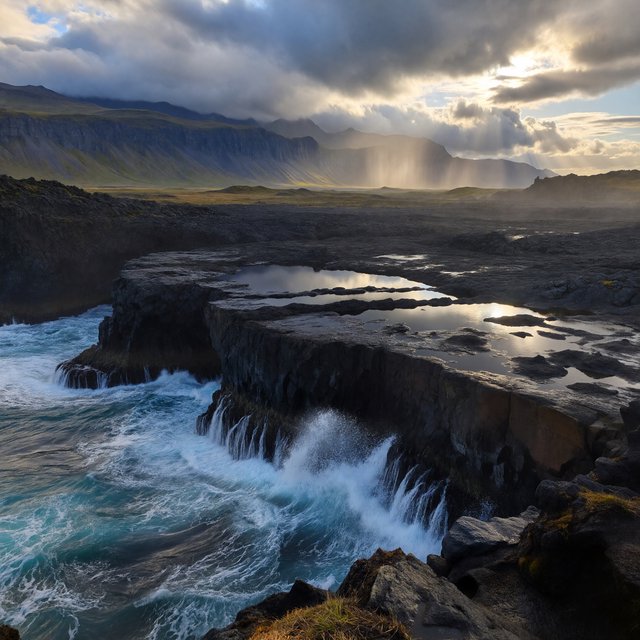 A rugged volcanic coastline under clearing storm clouds at late afternoon, black basalt shelves descending into turquoise surf, sea spray clinging to jagged rocks, tide pools reflecting distant cliffs and layered mountains fading into rain haze. — ImagineArt 1.5 Pro