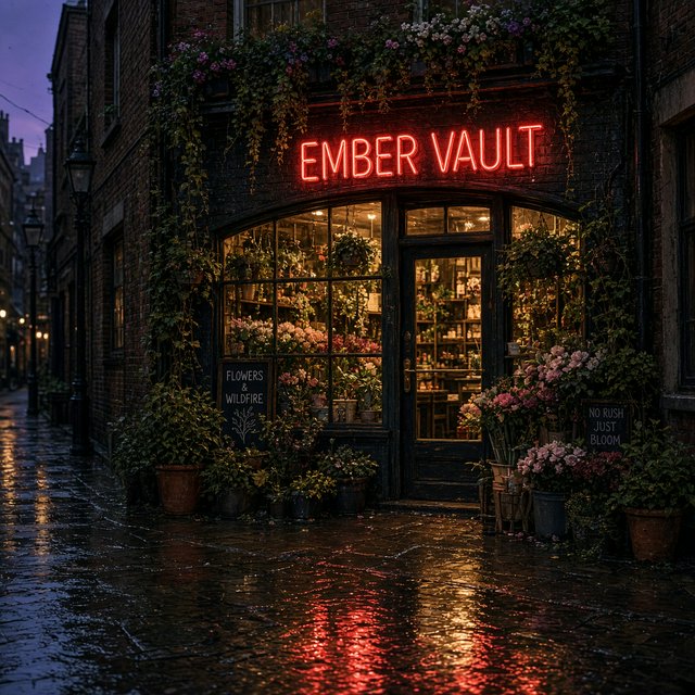 At dusk, a narrow flower shop with rain-dark brick, overflowing window boxes, and warm interior light; the invented name "EMBER VAULT" is rendered in red neon tubing above the entrance, reflected in puddles. — Grok Imagine Image 2