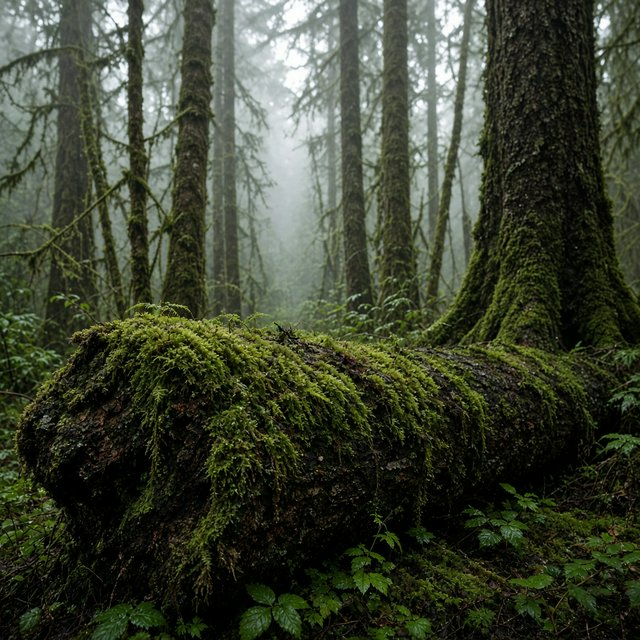 Old-growth temperate rainforest after rain, moss-covered fallen log, fog between the trunks, soft diffused light. — Grok Imagine Image 2