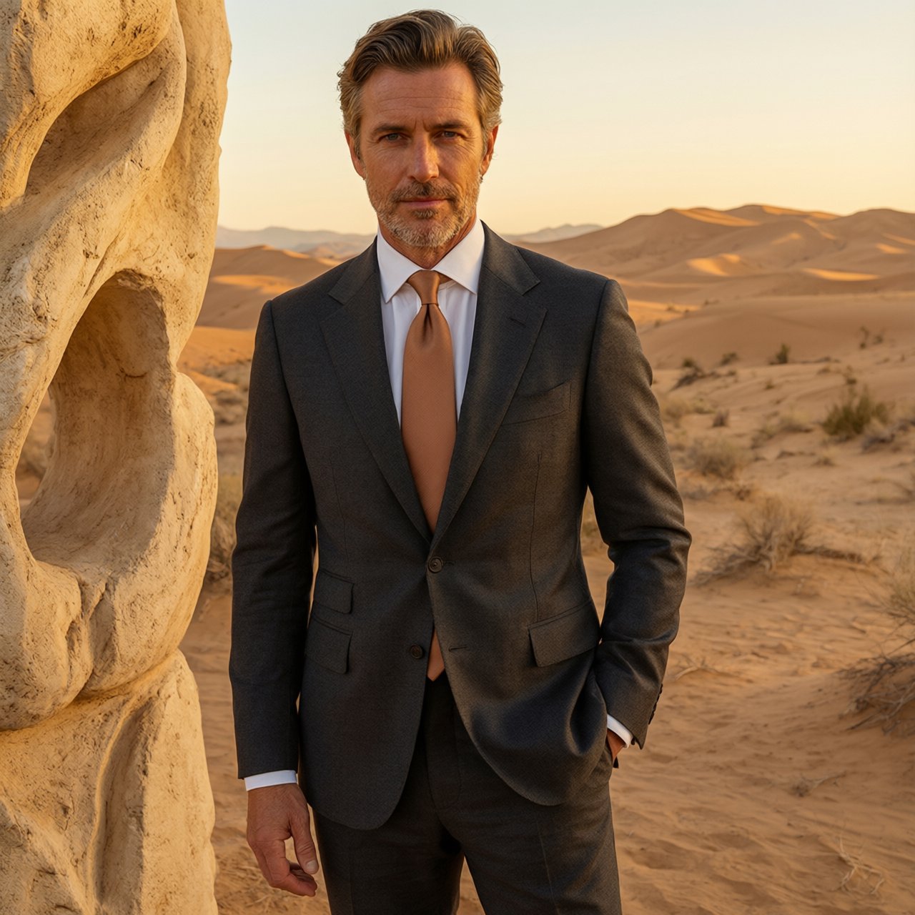 Editorial glamour photograph of an adult man in a charcoal evening suit with a muted copper tie, standing at ease beside a desert art installation, flattering sunset light warming the sculptural landscape, composed expression and refined magazine atmosphere. — Qwen Image 3.0 Pro