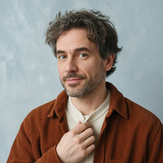Portrait photograph of an adult man in his late 30s wearing a rust-colored corduroy overshirt over a cream knit, fingertips resting on its broad collar. His quietly curious gaze meets the camera against a pale blue plaster backdrop, softly lit by cool side-window light. — Grok Imagine Image 2