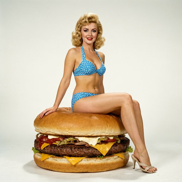 A 1950s pin-up-style photo of a bikini-clad woman sitting on a giant hamburger. — Qwen Image 3.0 Pro