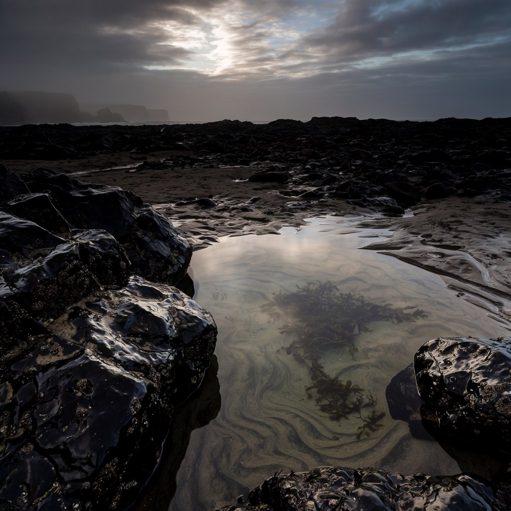 At dawn on a rugged basalt shore, a tide pool mirrors clearing rain clouds; translucent water reveals rippled sand, barnacle-crusted rock, and blurred kelp below the surface, with slick foreground stone leading toward hazy coastal cliffs. — Krea 2 Large