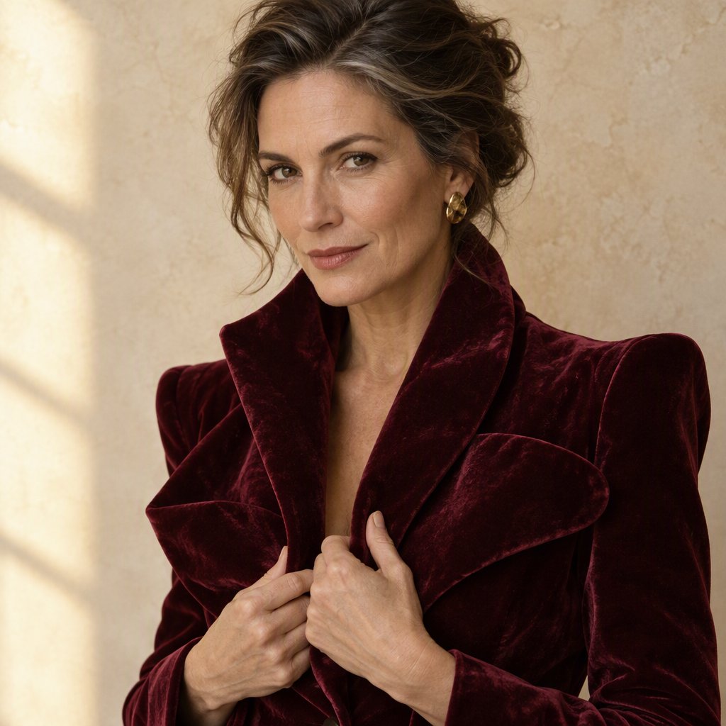 Fashion portrait of an adult woman in her early 50s wearing a sculptural burgundy velvet jacket, her hands lightly gathering its lapel. A wry, composed expression meets the camera against a warm ivory plaster backdrop, lit by soft late-afternoon window glow. — GPT Image 2.5 Flare