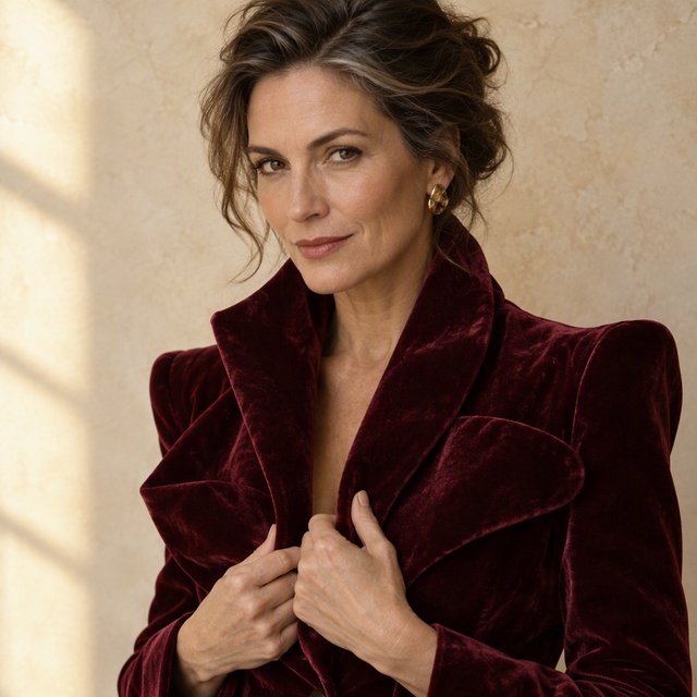Fashion portrait of an adult woman in her early 50s wearing a sculptural burgundy velvet jacket, her hands lightly gathering its lapel. A wry, composed expression meets the camera against a warm ivory plaster backdrop, lit by soft late-afternoon window glow. — GPT Image 2.5 Flare