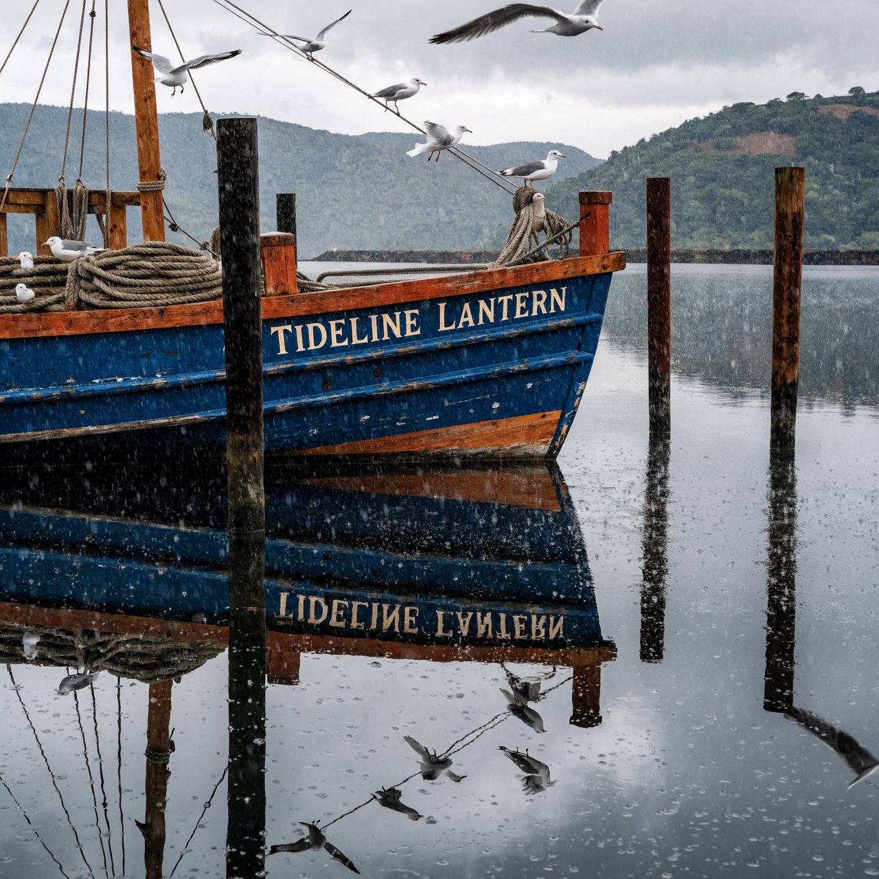 At a quiet harbor, a weathered wooden ferry rests beside slick pilings, ropes coiled on deck as gulls wheel overhead; "TIDELINE LANTERN" is painted in faded ivory letters along the blue hull. — Recraft v4 Pro