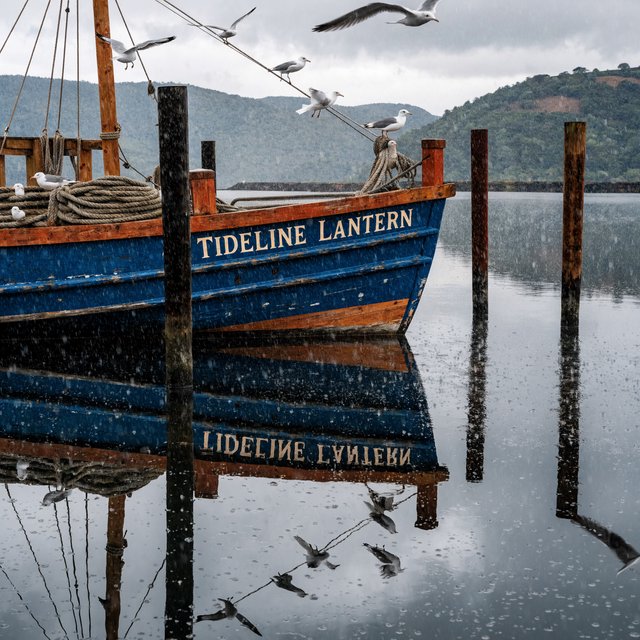 At a quiet harbor, a weathered wooden ferry rests beside slick pilings, ropes coiled on deck as gulls wheel overhead; "TIDELINE LANTERN" is painted in faded ivory letters along the blue hull. — Recraft v4 Pro