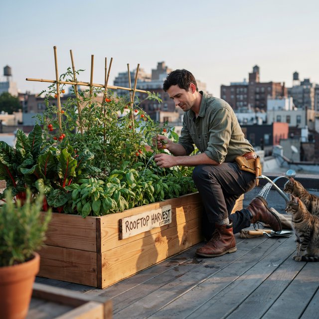 Candid documentary photograph of an adult tending a rooftop vegetable garden in the late afternoon, soft side light, 50mm lens with moderate depth of field, water droplets glinting on freshly watered leaves. — Ideogram v4