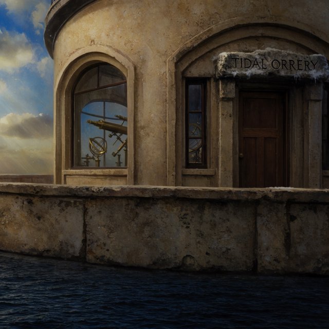 A weathered coastal observatory overlooks dark water, its brass instruments visible through arched windows; "TIDAL ORRERY" is carved into a slate lintel above the entrance, salt spray softening the deep engraved grooves. — Krea 2 Large