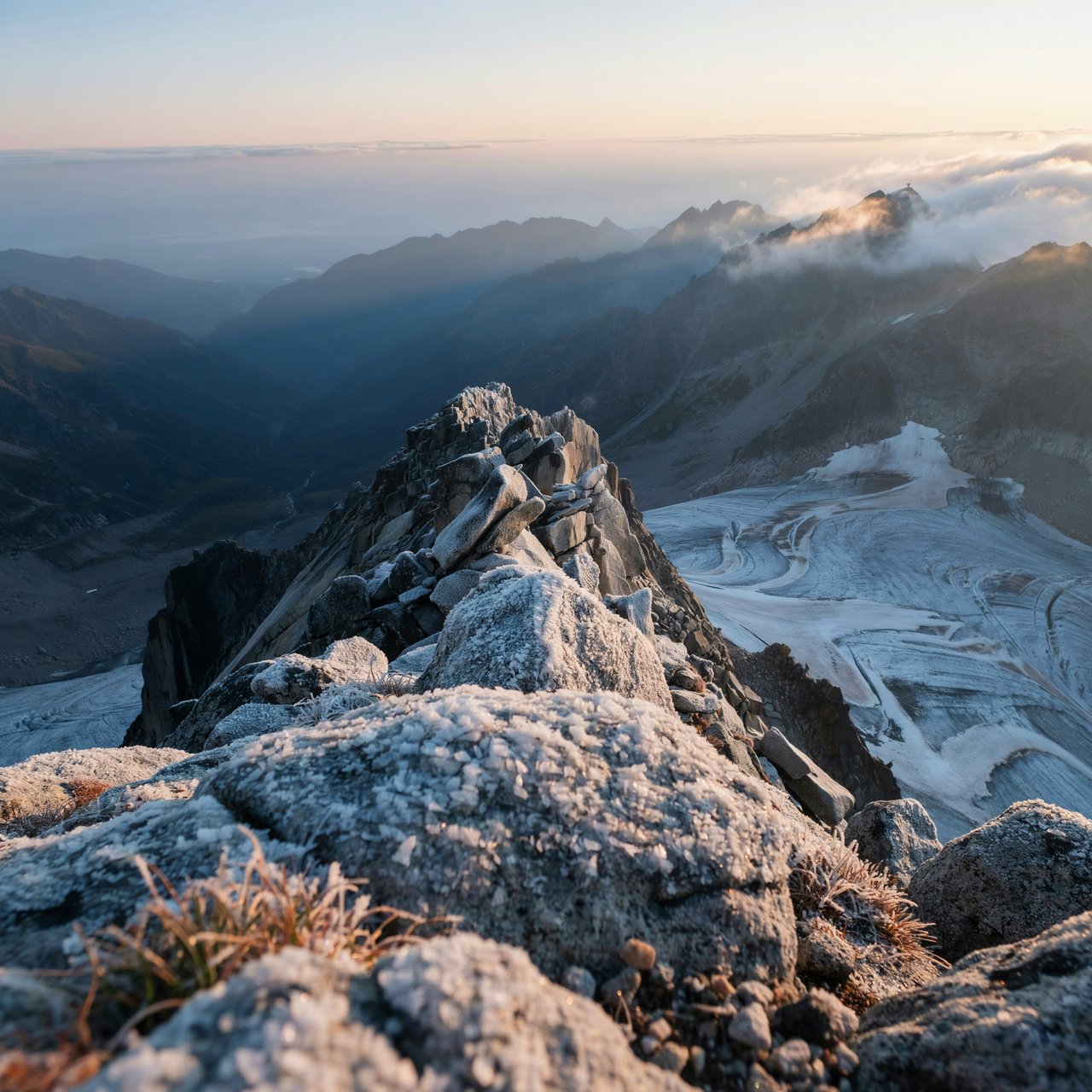 Wind combs a high granite ridge above a glacial cirque at sunrise, beneath clearing snow squalls; granular rime crusts foreground boulders while successive peaks dissolve into blue cloud shadow. — Ideogram v4