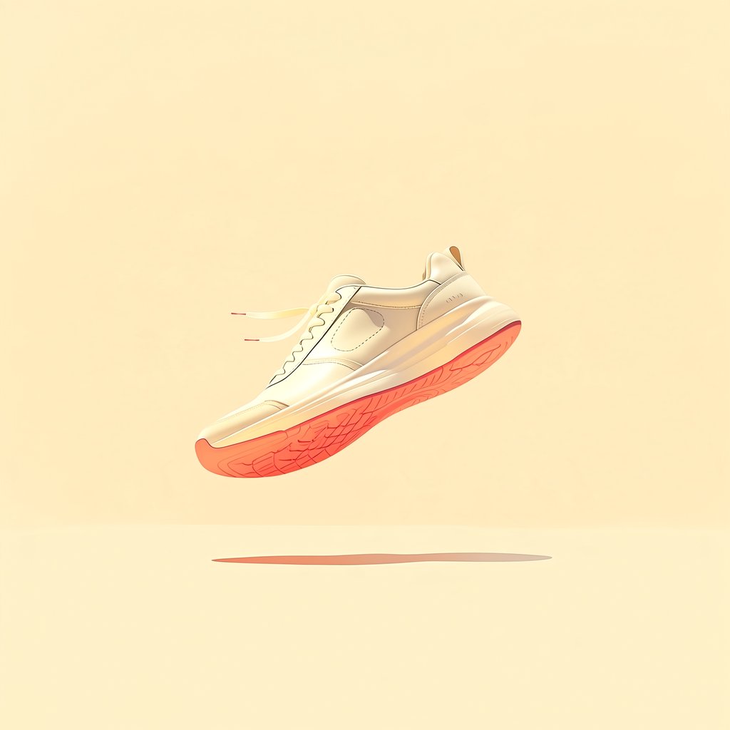 A white running sneaker with a coral sole floating at a slight angle over a pastel yellow background, studio lighting, no shadow on the backdrop. — Midjourney Niji 7