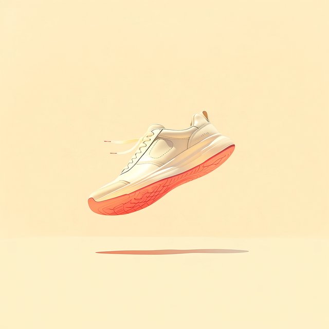 A white running sneaker with a coral sole floating at a slight angle over a pastel yellow background, studio lighting, no shadow on the backdrop. — Midjourney Niji 7