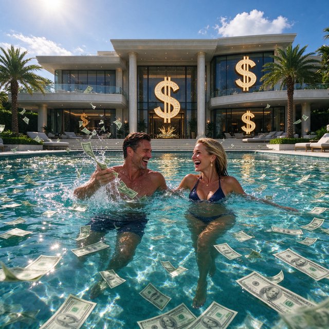 A wealthy adult couple swimming in a huge pool full of money, near a huge mansion with dollar signs on it, with a fun, happy vibe. — Seedream 5.0 Flash