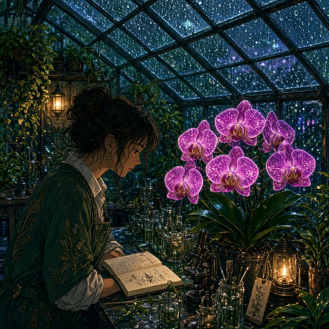 Rain beads on a rooftop greenhouse as an adult botanist studies luminous night-blooming orchids beneath glass panes; cel-shaded anime illustration in digital paint, palette of jade, magenta, indigo, and warm amber. — Grok Imagine Image 2