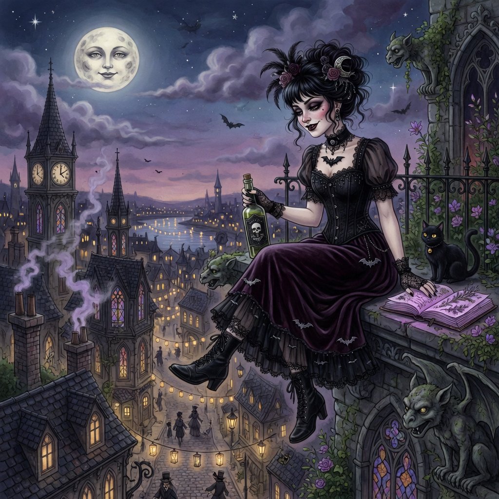 A whimsical gothic woman sitting on a ledge overlooking the city. — Grok Imagine Image Quality