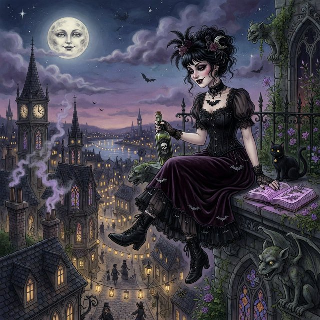 A whimsical gothic woman sitting on a ledge overlooking the city. — Grok Imagine Image Quality
