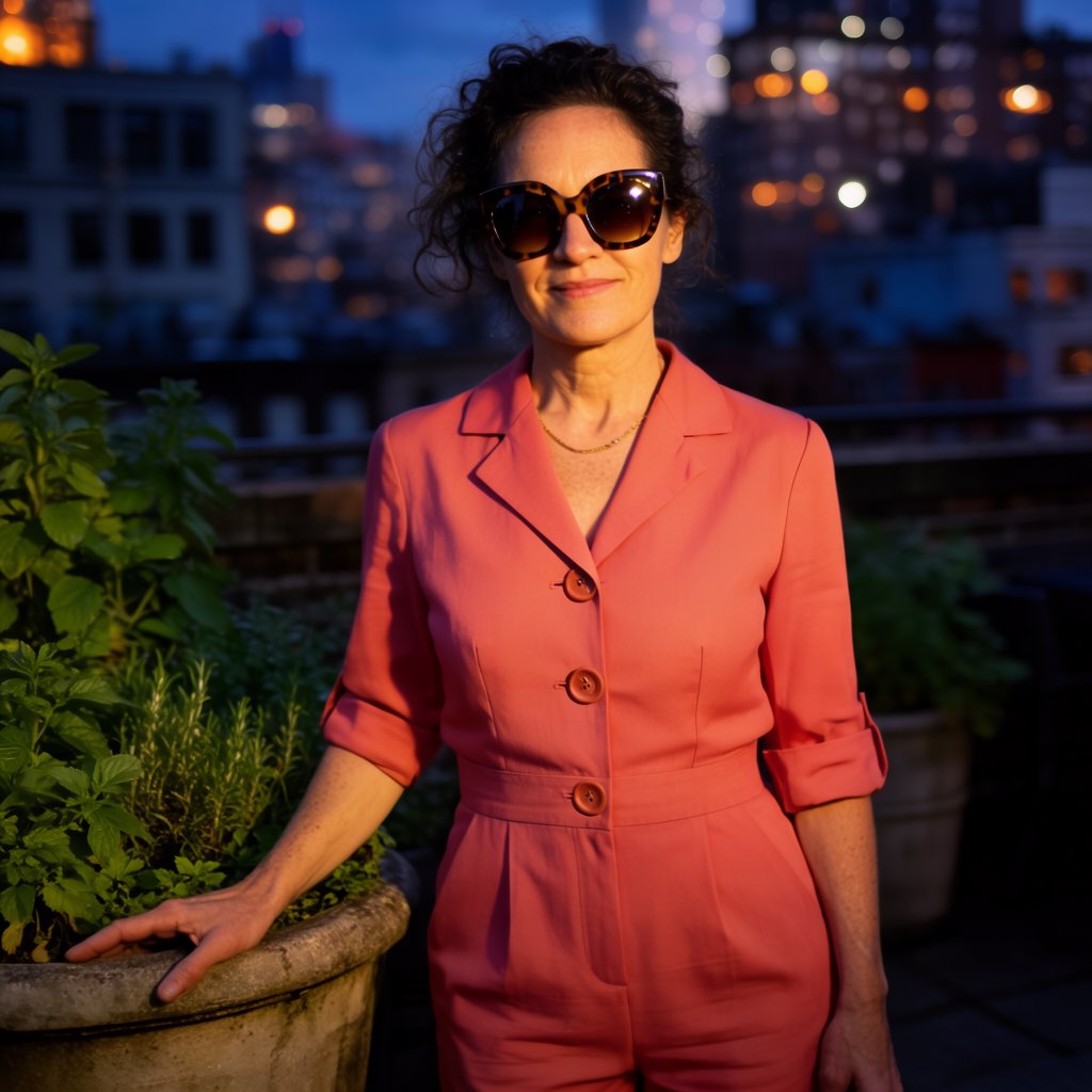 Editorial glamour photograph of an adult woman in a tailored coral evening jumpsuit on a rooftop herb garden at blue hour, resting one hand on a stone planter, flattering sunset glow, relaxed expression, city lights softly blurred behind her. — Krea 2 Large