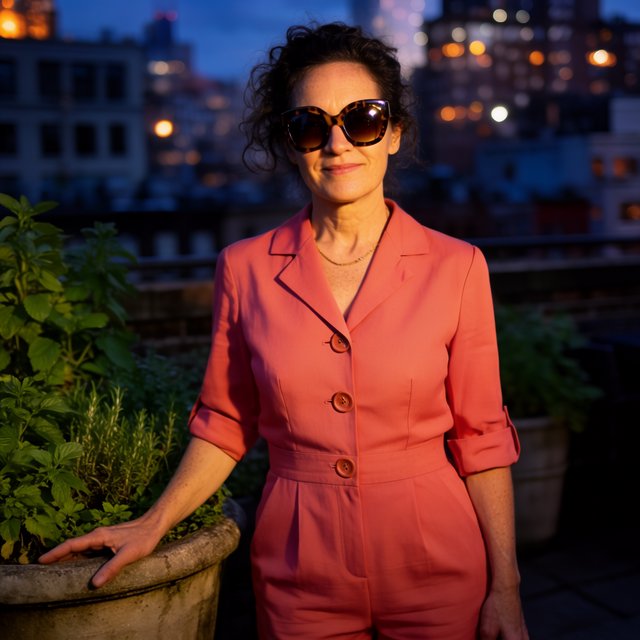 Editorial glamour photograph of an adult woman in a tailored coral evening jumpsuit on a rooftop herb garden at blue hour, resting one hand on a stone planter, flattering sunset glow, relaxed expression, city lights softly blurred behind her. — Krea 2 Large