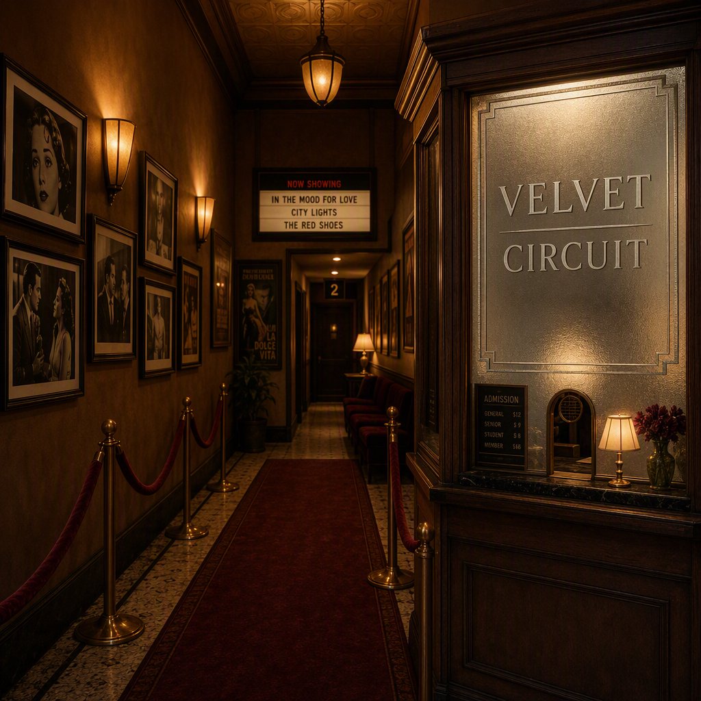A narrow neighborhood cinema lobby glows with amber sconces, velvet ropes, and framed film stills; "VELVET CIRCUIT" is etched in elegant silver lettering across the frosted glass ticket-booth window. — GPT Image 2