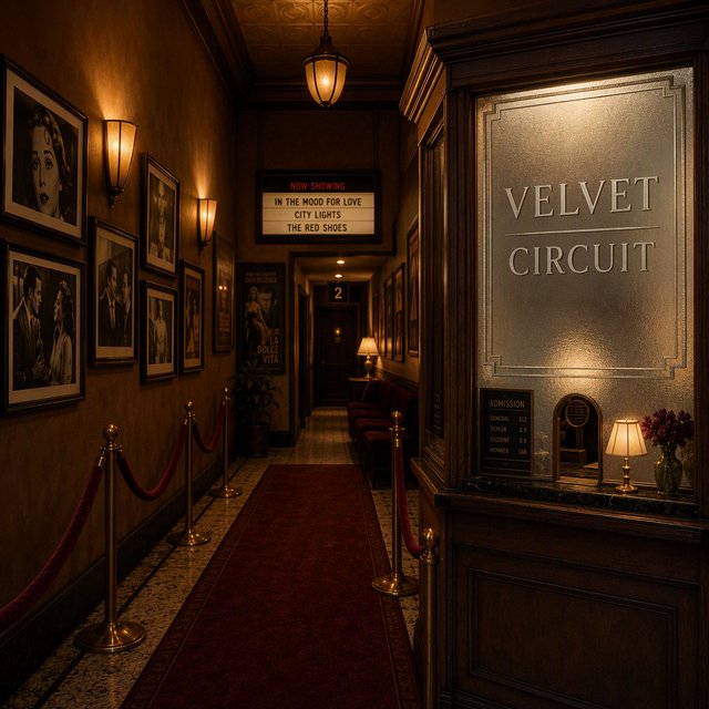 A narrow neighborhood cinema lobby glows with amber sconces, velvet ropes, and framed film stills; "VELVET CIRCUIT" is etched in elegant silver lettering across the frosted glass ticket-booth window. — GPT Image 2