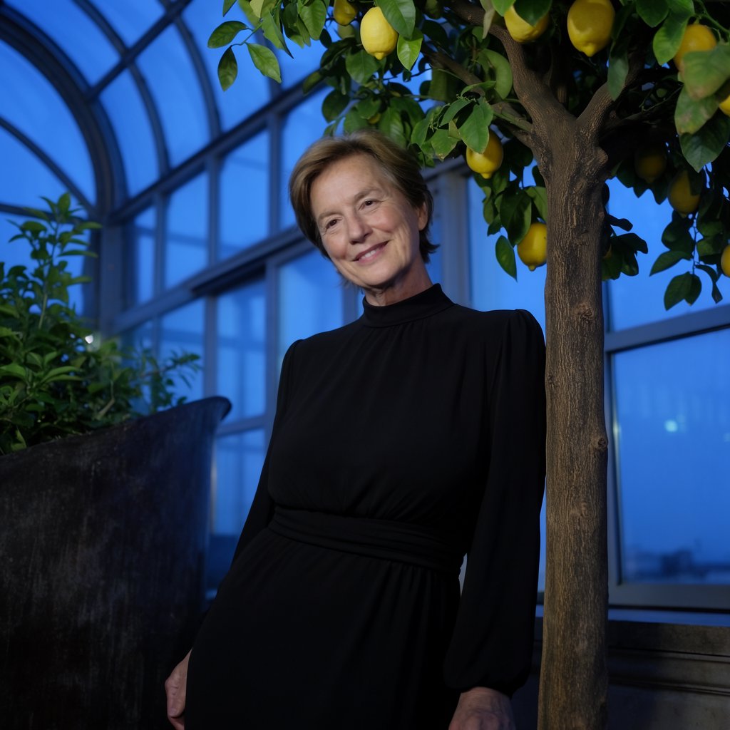 At a quiet rooftop conservatory, an adult woman in her early sixties wears a long-sleeved black evening gown, caught laughing softly beside a citrus tree as blue-hour light spills through the glass; poised styling brings fashion-magazine polish. — Krea 2 Large