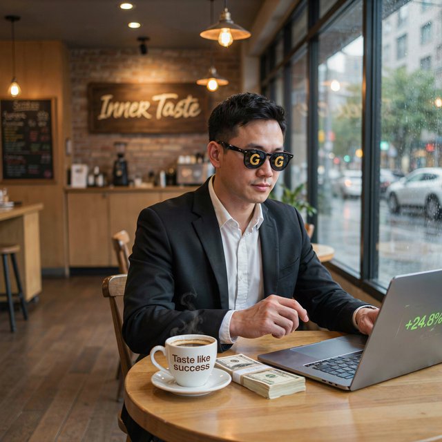 Realistic, a man wearing a black suit and cool shades with the word “G” on them, sitting near a table in a friendly coffee shop with the words “Inner Taste” displayed in the shop, coffee on the table, a coffee cup with the words “Taste like success,” a stack of money on the table, a high-end laptop displaying a successful trade, and rain pouring outside. The vibe is calm and chill. — Ideogram v4.5
