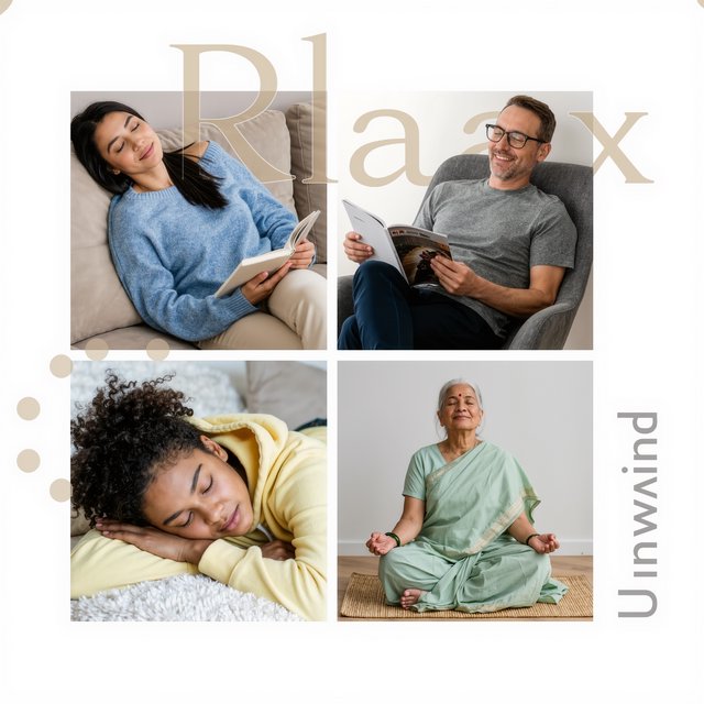 An image representing the word and concept of “Relaxing.” There are at least 4 moments that represent this. The word “Relax” and another word representing it are hidden naturally in the background. — Kling v3 Omni