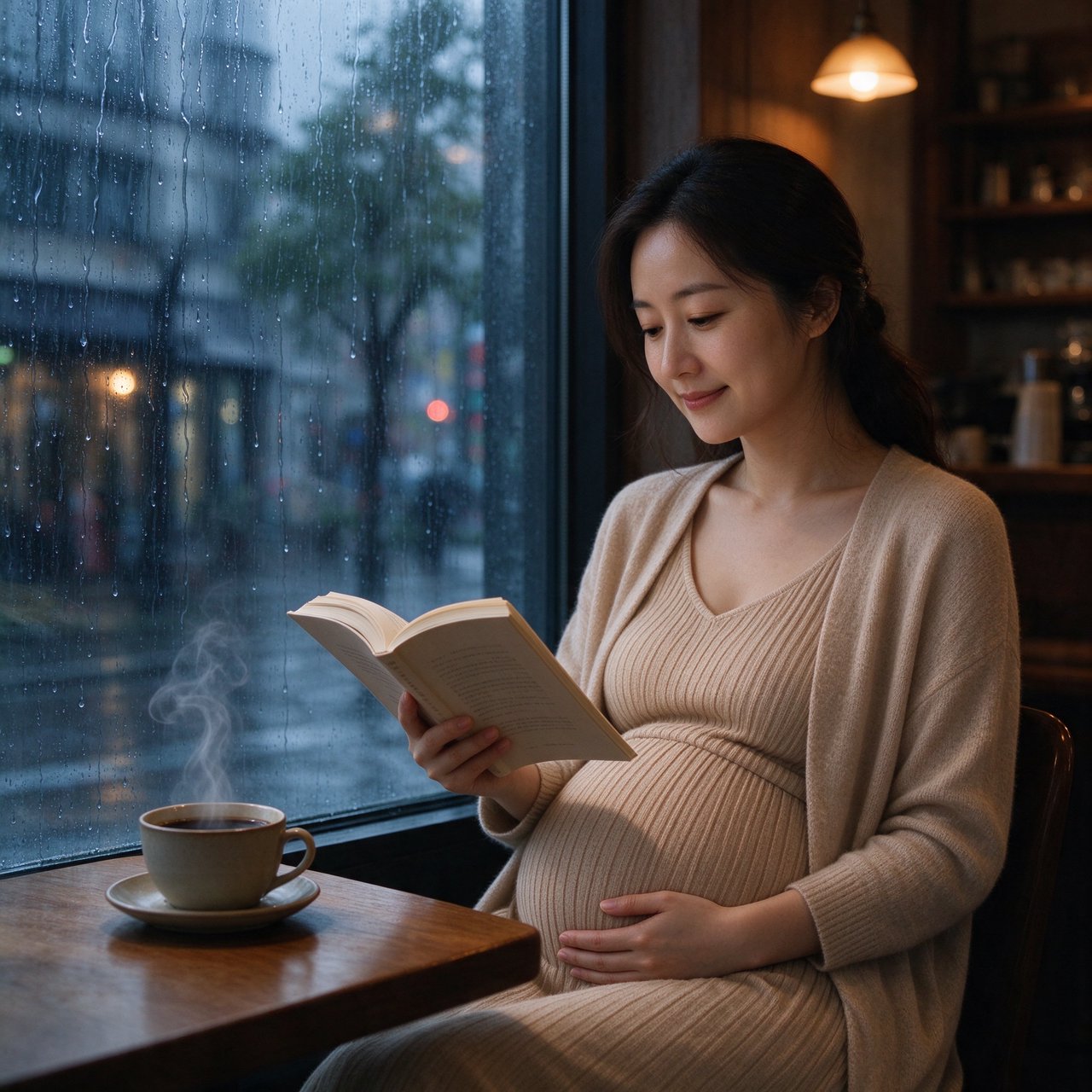 Photorealistic cinematic scene of a pregnant Chinese woman sitting in a cozy café by the window, reading a book. She appears calm, gentle, and thoughtful, with one hand resting naturally near her belly. On the table beside her is a cup of coffee, softly steaming. Outside the large window, heavy rain pours down, with streaks of water on the glass and a blurred rainy street beyond. The café interior is warm and inviting, with soft ambient lighting, wooden textures, and a peaceful atmosphere that contrasts with the storm outside. The composition should feel intimate, emotional, and serene, with the woman as the clear focal point. — Seedream 5.0 Flash