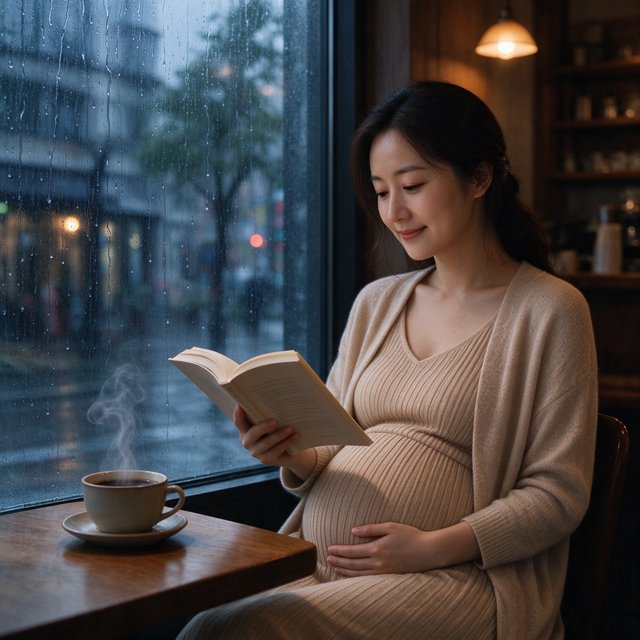 Photorealistic cinematic scene of a pregnant Chinese woman sitting in a cozy café by the window, reading a book. She appears calm, gentle, and thoughtful, with one hand resting naturally near her belly. On the table beside her is a cup of coffee, softly steaming. Outside the large window, heavy rain pours down, with streaks of water on the glass and a blurred rainy street beyond. The café interior is warm and inviting, with soft ambient lighting, wooden textures, and a peaceful atmosphere that contrasts with the storm outside. The composition should feel intimate, emotional, and serene, with the woman as the clear focal point. — Seedream 5.0 Flash
