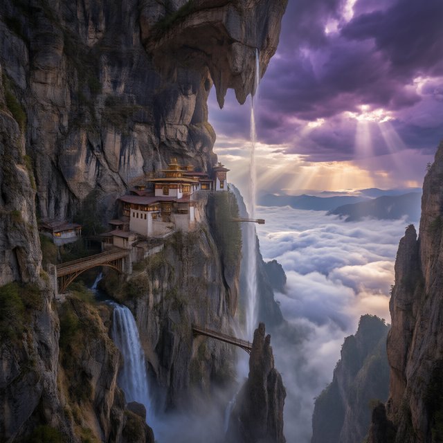A colossal cliffside monastery hangs beneath a floating island, its waterfalls falling into luminous cloud seas. Bronze bridges connect needle towers, while dawn rays pierce violet storms and tiny windows glow above an endless abyss. — Qwen Image 3.0