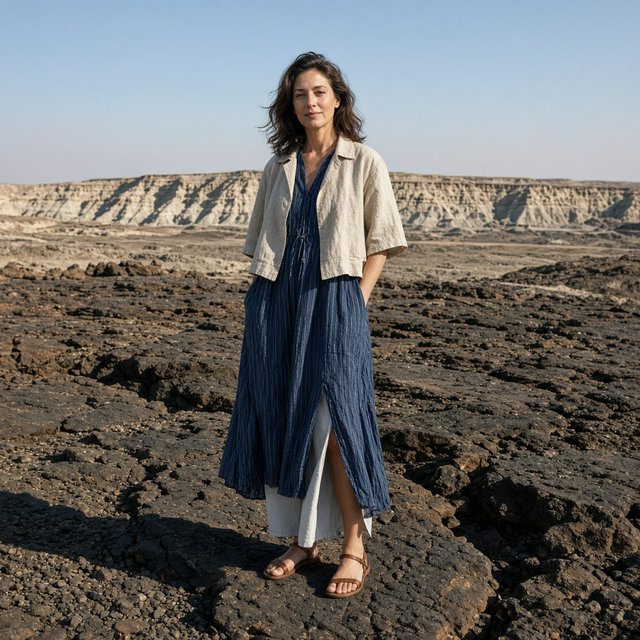 Across a basalt terrace, an adult woman in her early forties poses in a full-length fashion photograph, wearing a pleated indigo silk dress and cropped linen jacket, her composed half-smile lit by hard afternoon sunlight from one side against a pale limestone ridge. — Grok Imagine Image 2