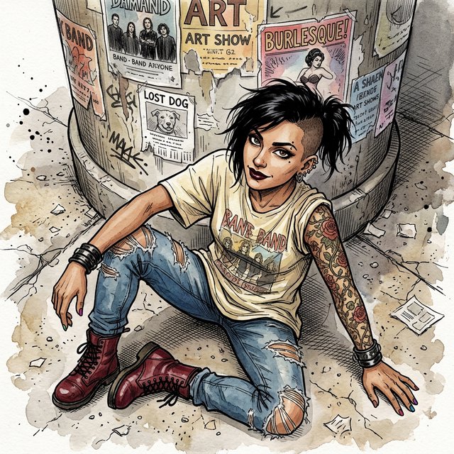 Realistic India ink illustration with crisp black lines, realistic anatomy and proportions, and watercolor fills; black ink outlines remain visible. Full-length, overhead view. A Latina woman sits on the pavement with her back against an enormous, thick round downtown pillar covered in posters for bands, art shows, burlesque, and a lost dog. One hand rests on the pavement, the other on an ankle. She tilts her head back, looking up at the viewer with a confident smile. Character: 25-year-old woman, medium-brown skin, slim build, edgy punk/goth appearance. Black asymmetrical undercut, right side shaved, longer top brushed across forehead, short messy ponytail. Sharp features, arched brows, brown almond-shaped eyes, heavy eyeliner, dark burgundy lipstick, six ear piercings. Each fingernail a different color. Loose pale-yellow graphic T-shirt, ripped blue jeans, dark red combat boots. Full left-arm sleeve tattoo of vines, leaves, and red roses. Thick black leather bracelets on both wrists. — Nano Banana 2.1