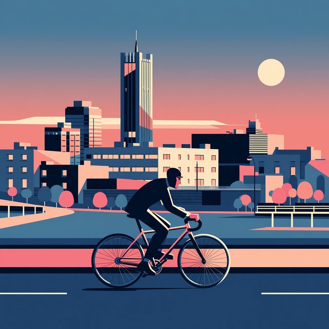 Flat vector illustration of a cyclist commuting through a city at sunrise, limited palette of five colours, geometric shapes. — Midjourney Niji 7