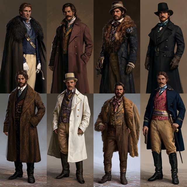 A realistic image only, showing nice outfits worn by adult men from at least 4–6 different eras. Mention the time range for each era. — Midjourney V8.2