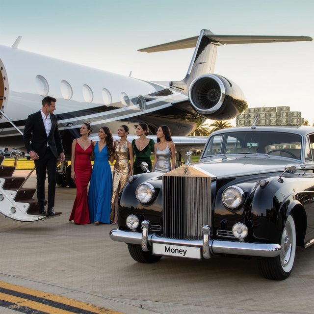 A man dressed in very nice formal clothes is getting off a private black-and-white plane. Many beautiful adult women in dresses are following the man. The man is heading toward a very high-end classic black car. The word "Money" is on the car's license plate. On top of the car is a ton of money. It is the afternoon. The vibe is cool and rich. — Kling v3 Omni