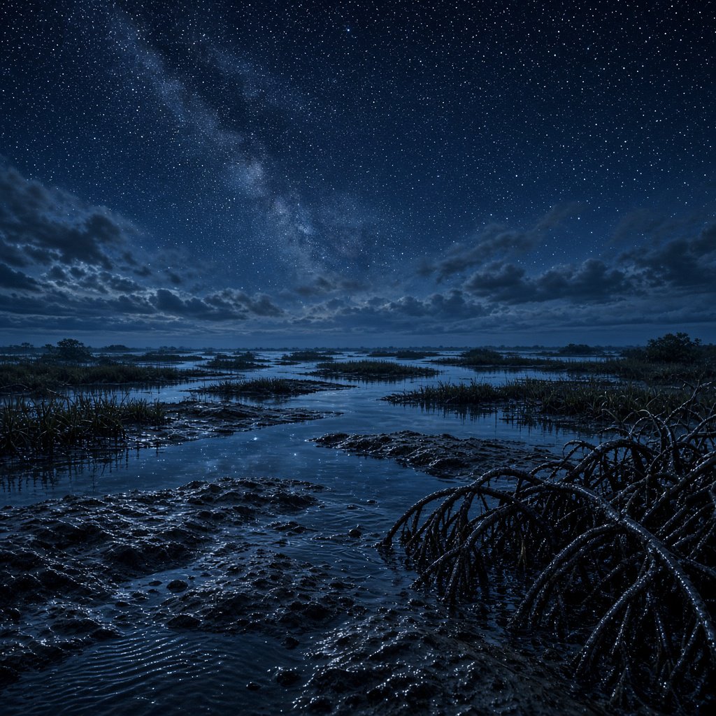A mangrove delta spreads beneath a star-filled midnight sky after a humid shower; rain-beaded roots and fine silt ridges sharpen the foreground, while winding channels vanish among distant reed islands. — Grok Imagine Image 2