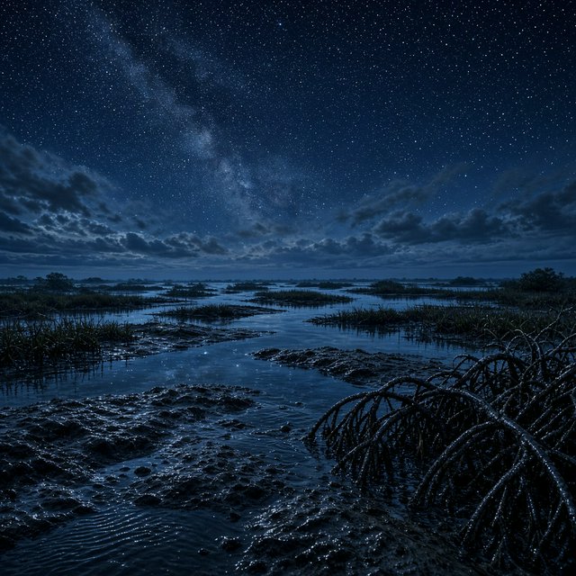 A mangrove delta spreads beneath a star-filled midnight sky after a humid shower; rain-beaded roots and fine silt ridges sharpen the foreground, while winding channels vanish among distant reed islands. — Model 5