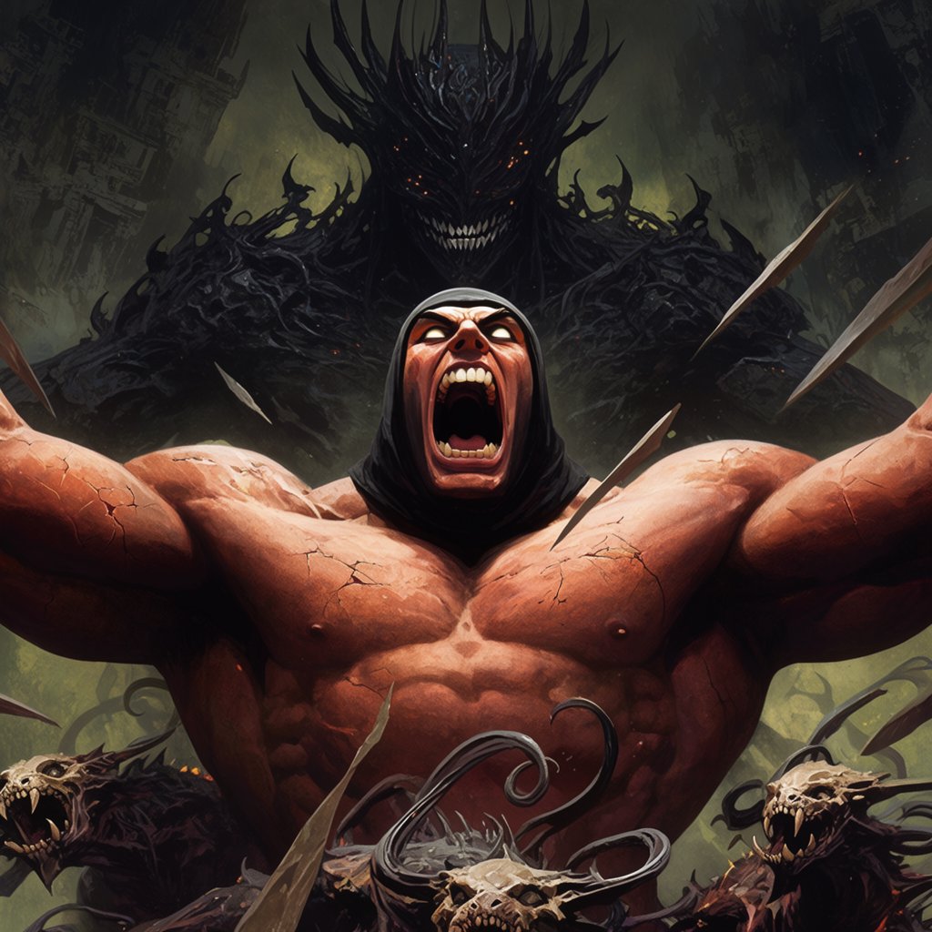 A colossal muscular berserker erupts in a primal roar, framed from the waist upward at a dramatic low angle. His head tilts back, glowing ivory eyes fixed upward, mouth stretched impossibly wide with clearly defined teeth and a cavernous dark interior. A close-fitting black hood frames his angular face, while his bare bronze-red torso displays monumental musculature, fine scars, and jagged surface fissures. Both upper arms thrust outward, elbows and hands beyond the frame, creating a broad, forceful silhouette. Behind him looms a towering obsidian demon with a crown of needlelike horns, scattered ember eyes, a serrated grin, and massive shoulders formed from twisted organic armor. Smaller snarling creatures coil across the lower foreground, their skull-like heads and hooked tendrils overlapping his waist. Razor-shaped fragments sweep diagonally through the scene, directing attention toward his illuminated face and chest. A ruined abyss recedes through smoky olive-green and charcoal haze. — Krea 2 Large