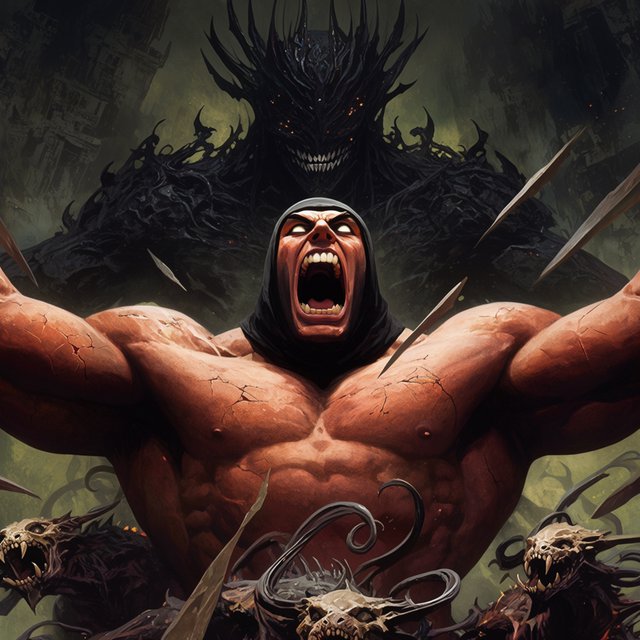 A colossal muscular berserker erupts in a primal roar, framed from the waist upward at a dramatic low angle. His head tilts back, glowing ivory eyes fixed upward, mouth stretched impossibly wide with clearly defined teeth and a cavernous dark interior. A close-fitting black hood frames his angular face, while his bare bronze-red torso displays monumental musculature, fine scars, and jagged surface fissures. Both upper arms thrust outward, elbows and hands beyond the frame, creating a broad, forceful silhouette. Behind him looms a towering obsidian demon with a crown of needlelike horns, scattered ember eyes, a serrated grin, and massive shoulders formed from twisted organic armor. Smaller snarling creatures coil across the lower foreground, their skull-like heads and hooked tendrils overlapping his waist. Razor-shaped fragments sweep diagonally through the scene, directing attention toward his illuminated face and chest. A ruined abyss recedes through smoky olive-green and charcoal haze. — Krea 2 Large