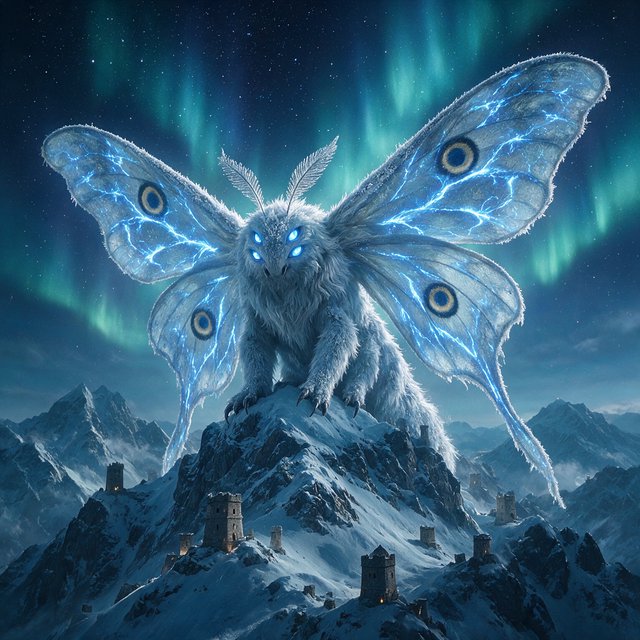 A colossal moon-moth leviathan rests atop a snowbound mountain ridge, its translucent wings veined with blue fire and its fur silvered by frost. Tiny abandoned watchtowers below emphasize its immense scale beneath an aurora-filled sky. — Seedream 5.0 Pro